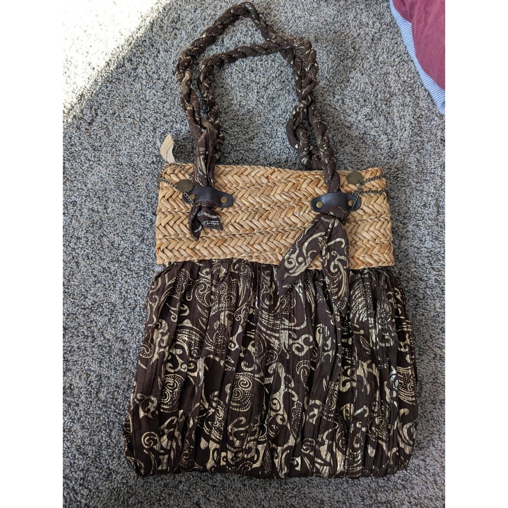 Sun N Sand Brown Gold Paisley Metallic Straw Woven Boho Shoulder Bag Tote